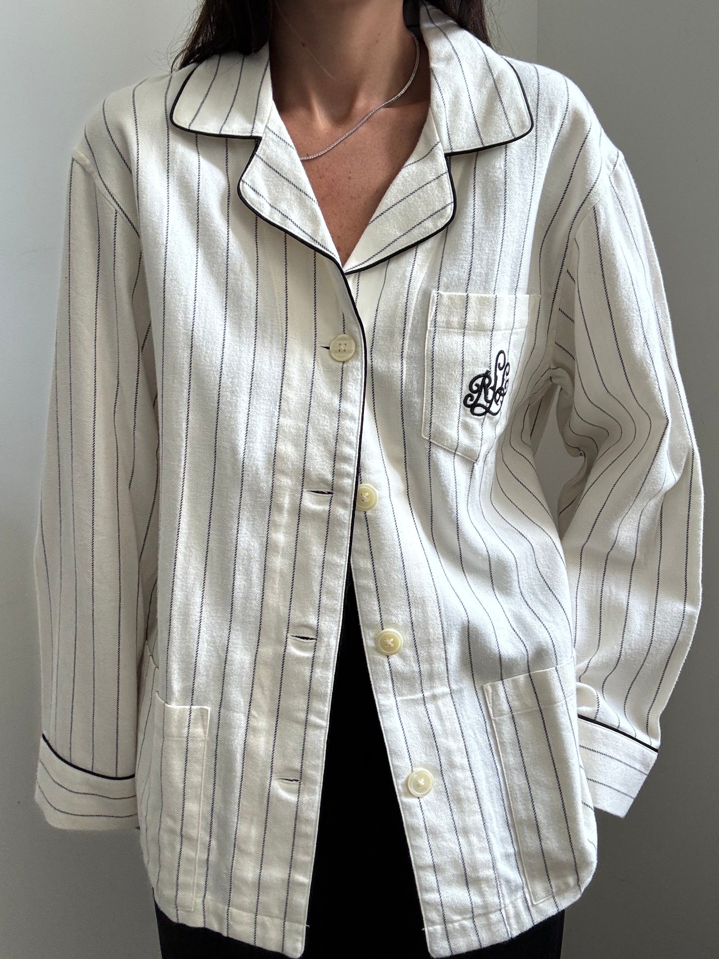 Vintage Ralph Lauren Striped Button-Down Monogram Top Size Large