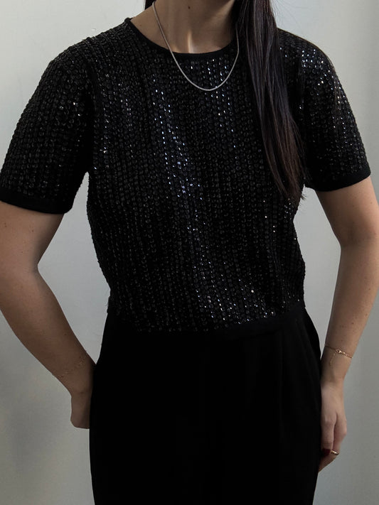 Vintage Black Sequin Short Sleeve Top Size Medium