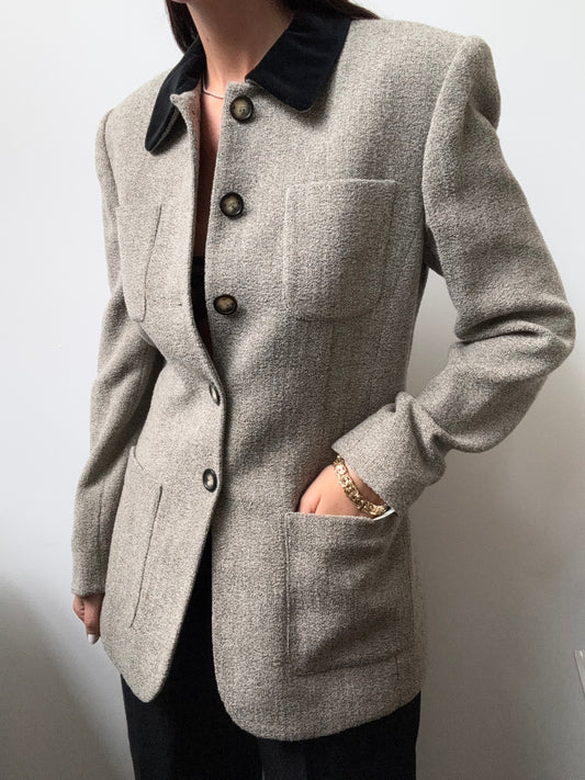 Vintage Light Gray With Black Collared Blazer Size Small