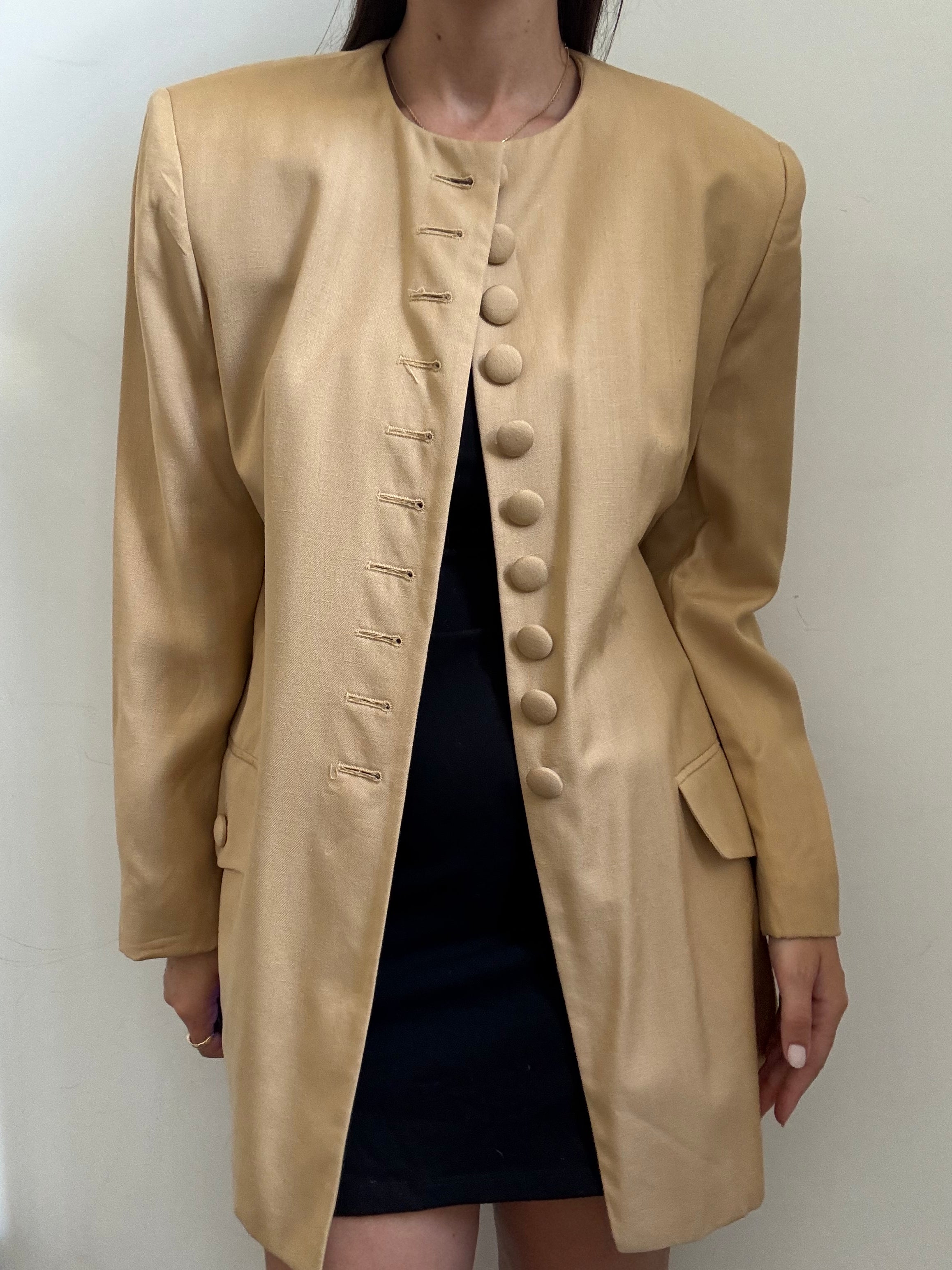 Vintage Tan Multi Buttoned Collarless Blazer Size 10