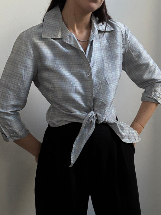 Vintage Blue Plaid Silk Tyed Blouse Size Medium