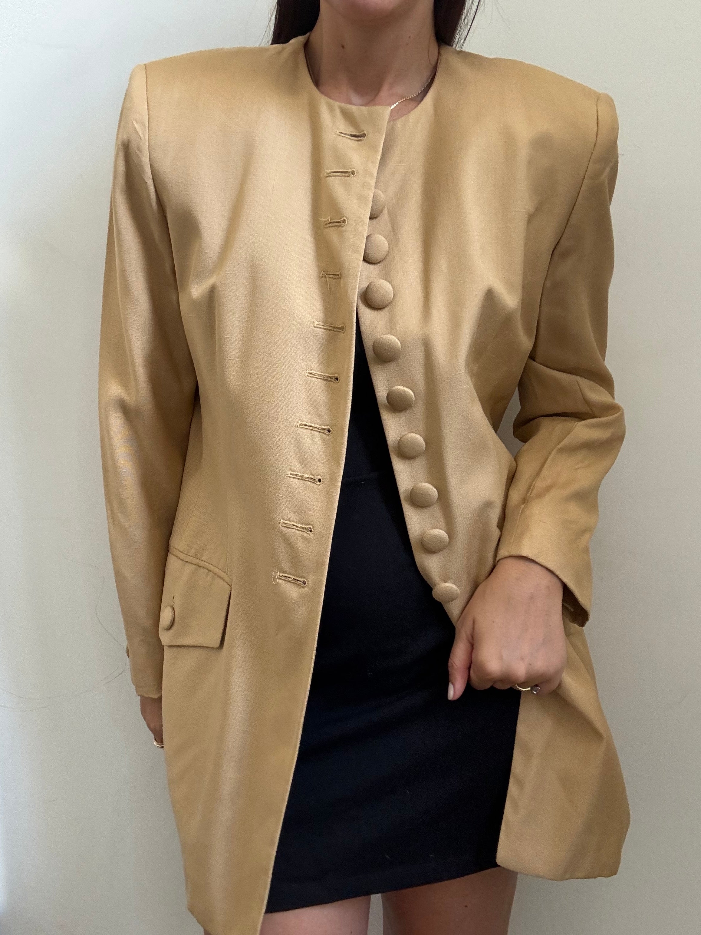 Vintage Tan Multi Buttoned Collarless Blazer Size 10
