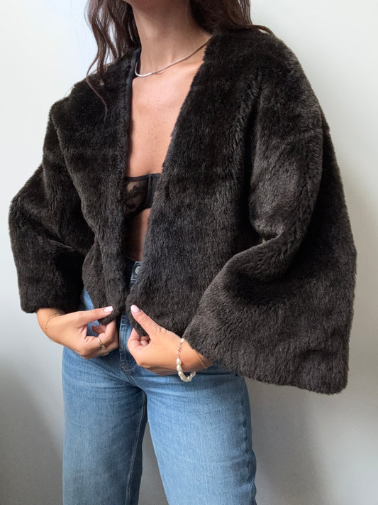 Vintage 3/4 Sleeve Brown Faux Fur Cropped Jacket Size M/L