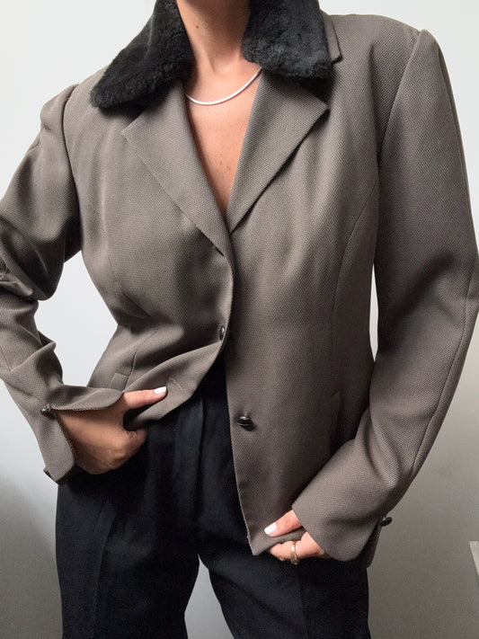 Vintage Taupe Woven Blazer With Faux Fur Collar Size Medium