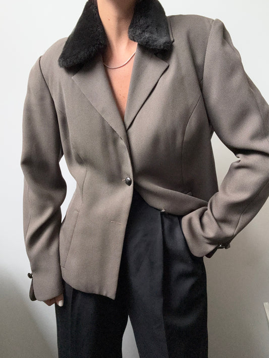 Vintage Taupe Woven Blazer With Faux Fur Collar Size Medium