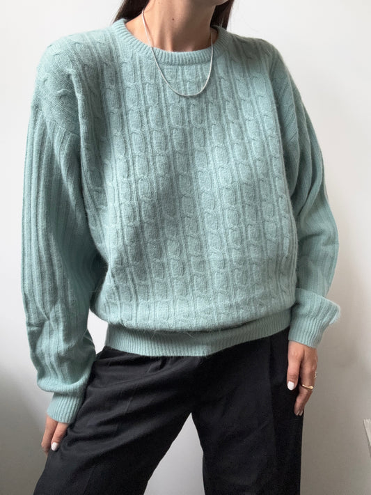Vintage Teal Cable-Knit Crewneck Sweater Size Medium