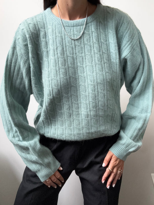 Vintage Teal Cable-Knit Crewneck Sweater Size Medium