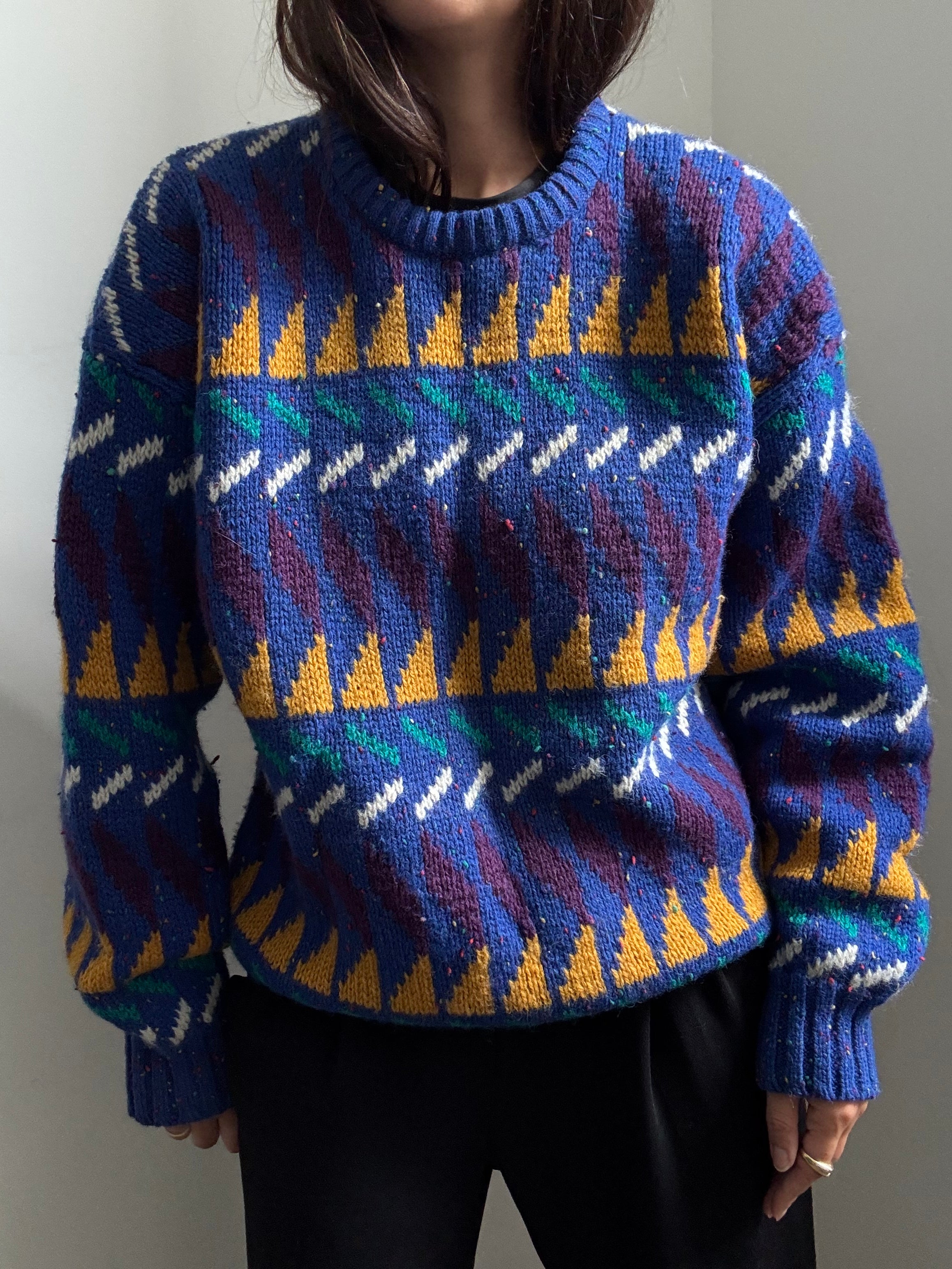 Vintage Wool Blue Geometric Sweater Size Large