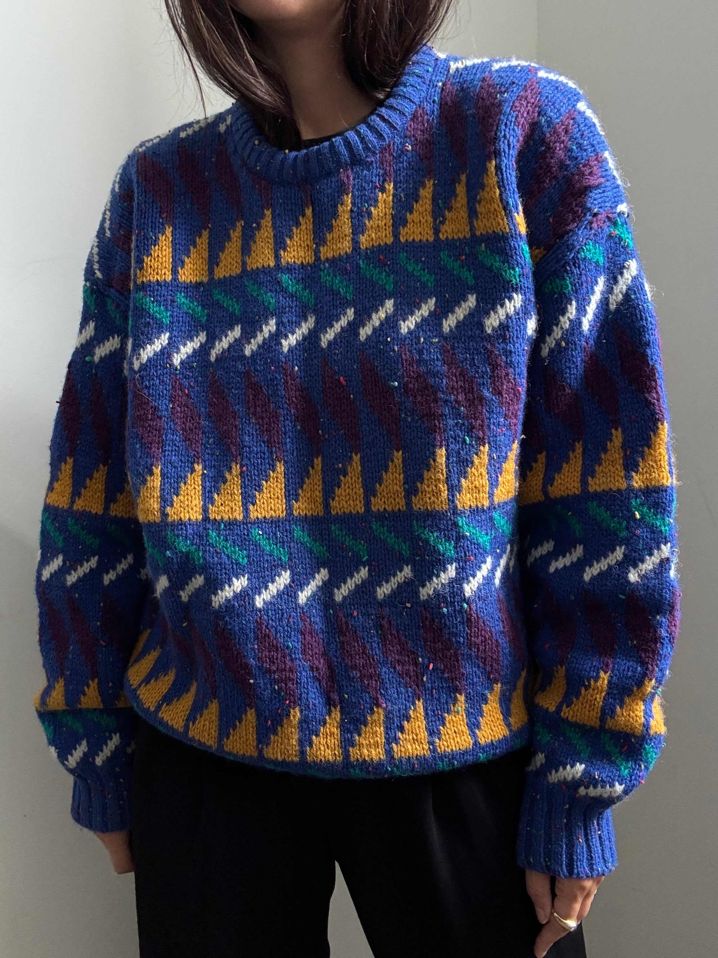Vintage Wool Blue Geometric Sweater Size Large