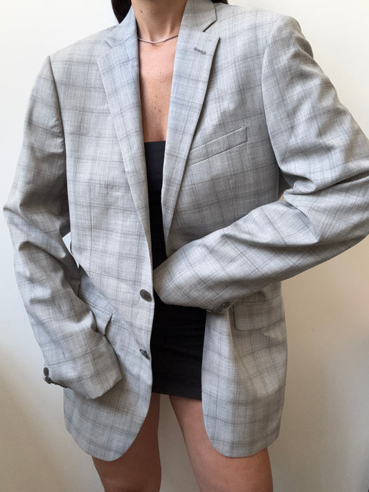 Vintage Wool Light Gray Plaid Blazer Size Large