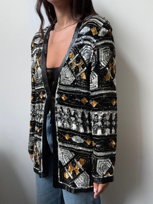 Vintage Silk Sequin + Bead Embellished Jacket Size Medium