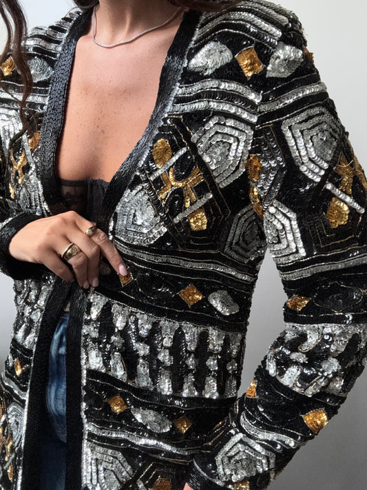 Vintage Silk Sequin + Bead Embellished Jacket Size Medium