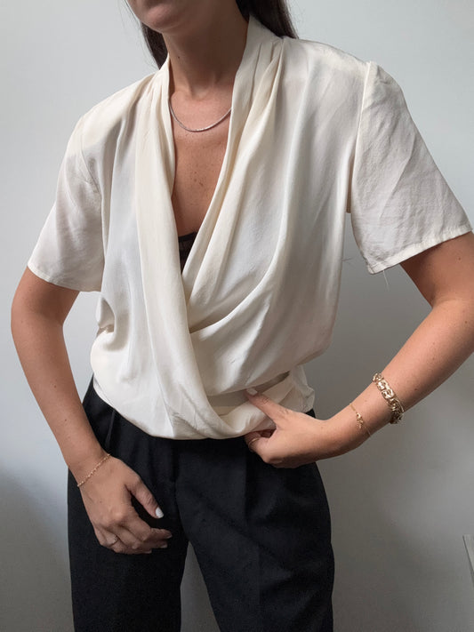 Vintage Beige Silk Draped Blouse Size Medium