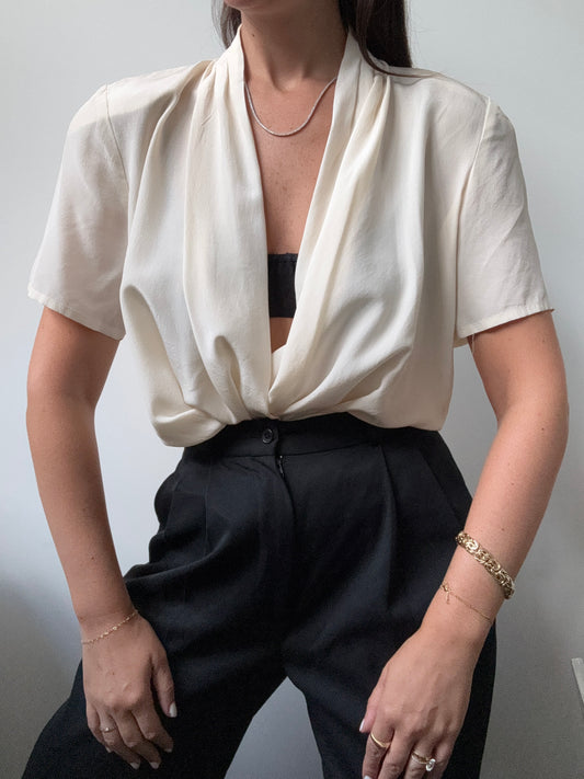 Vintage Beige Silk Draped Blouse Size Medium