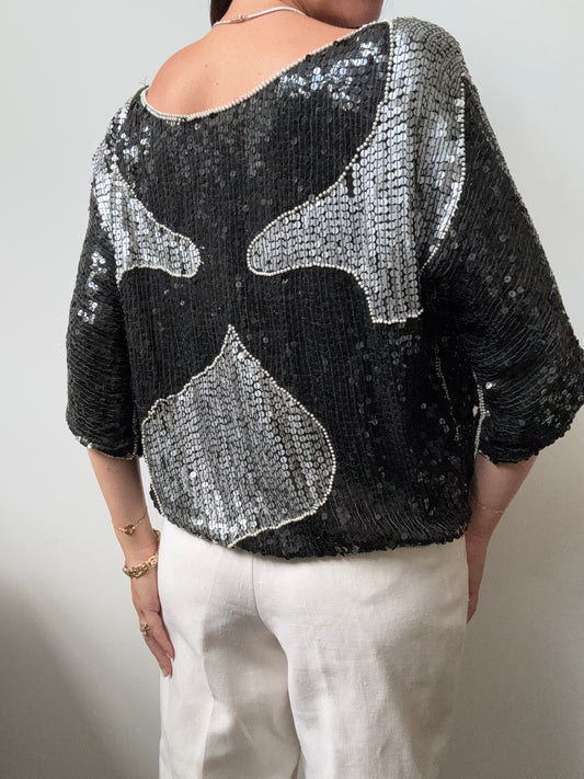 Vintage Black + Silver Sequined Blouse Size Medium