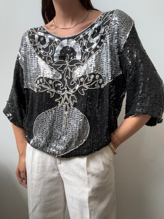 Vintage Black + Silver Sequined Blouse Size Medium