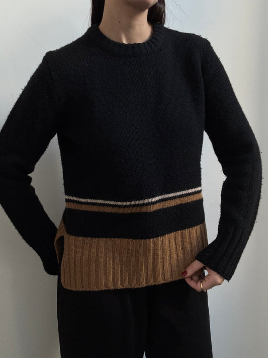 Vintage JCrew Pure Wool Black + Brown Striped Sweater Size Medium