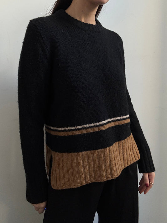 Vintage JCrew Pure Wool Black + Brown Striped Sweater Size Medium