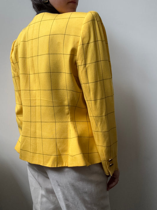 Vintage Canary Yellow + Black Grid Patterned Blazer Size Medium