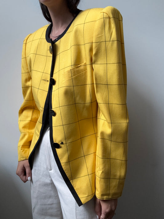 Vintage Canary Yellow + Black Grid Patterned Blazer Size Medium