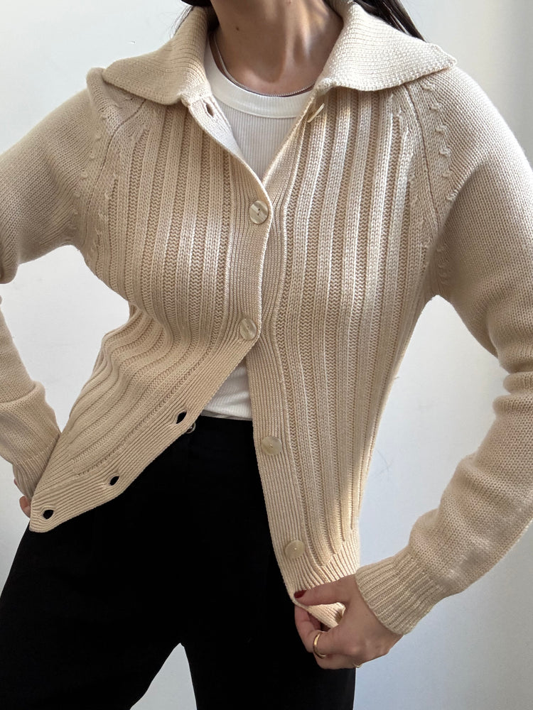 Vintage Italian Cream Pure Wool Soft Collared Cardigan Size Small