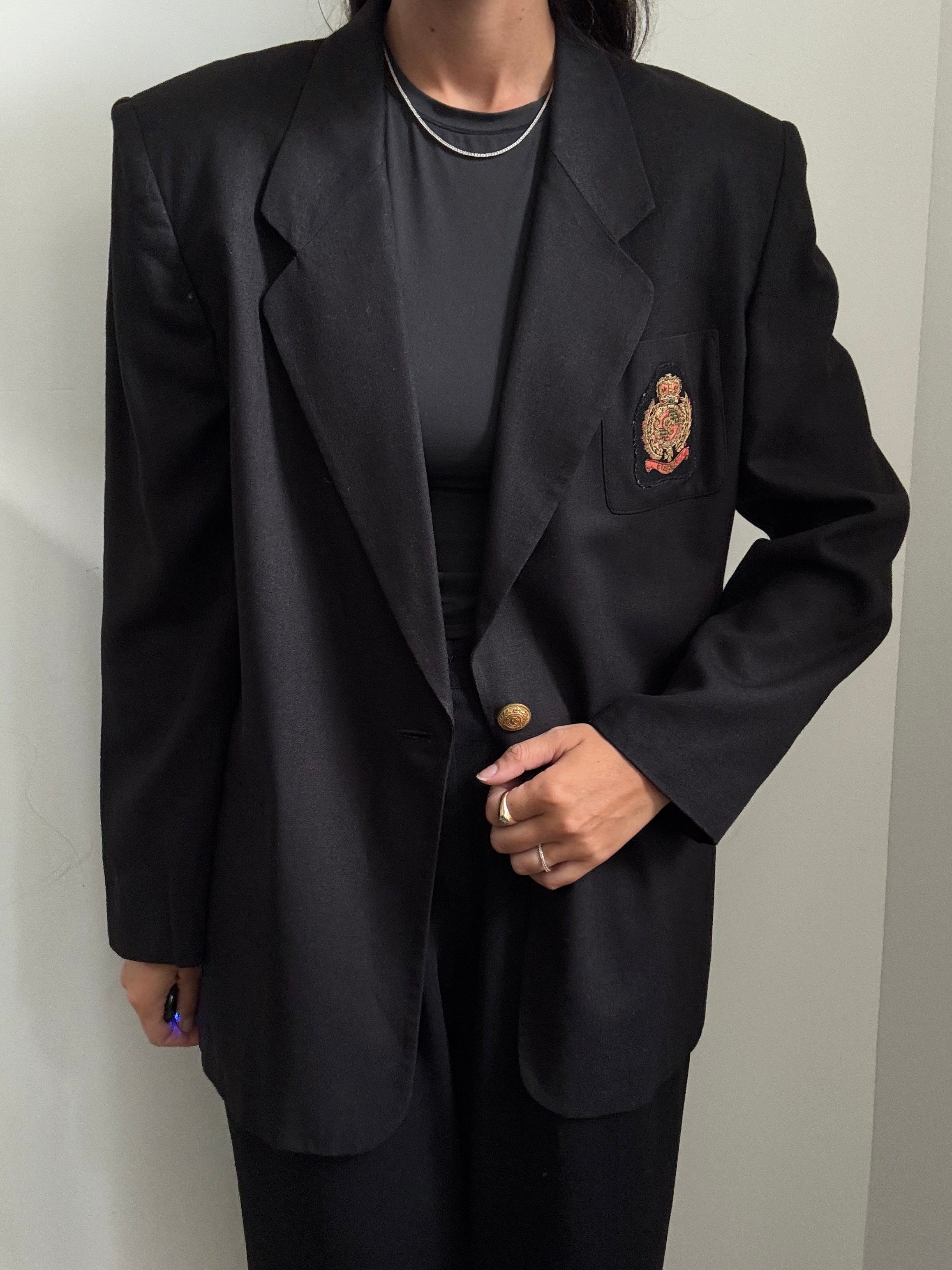 Vintage Black Linen Blend Blazer Embellished Pocket Size Large