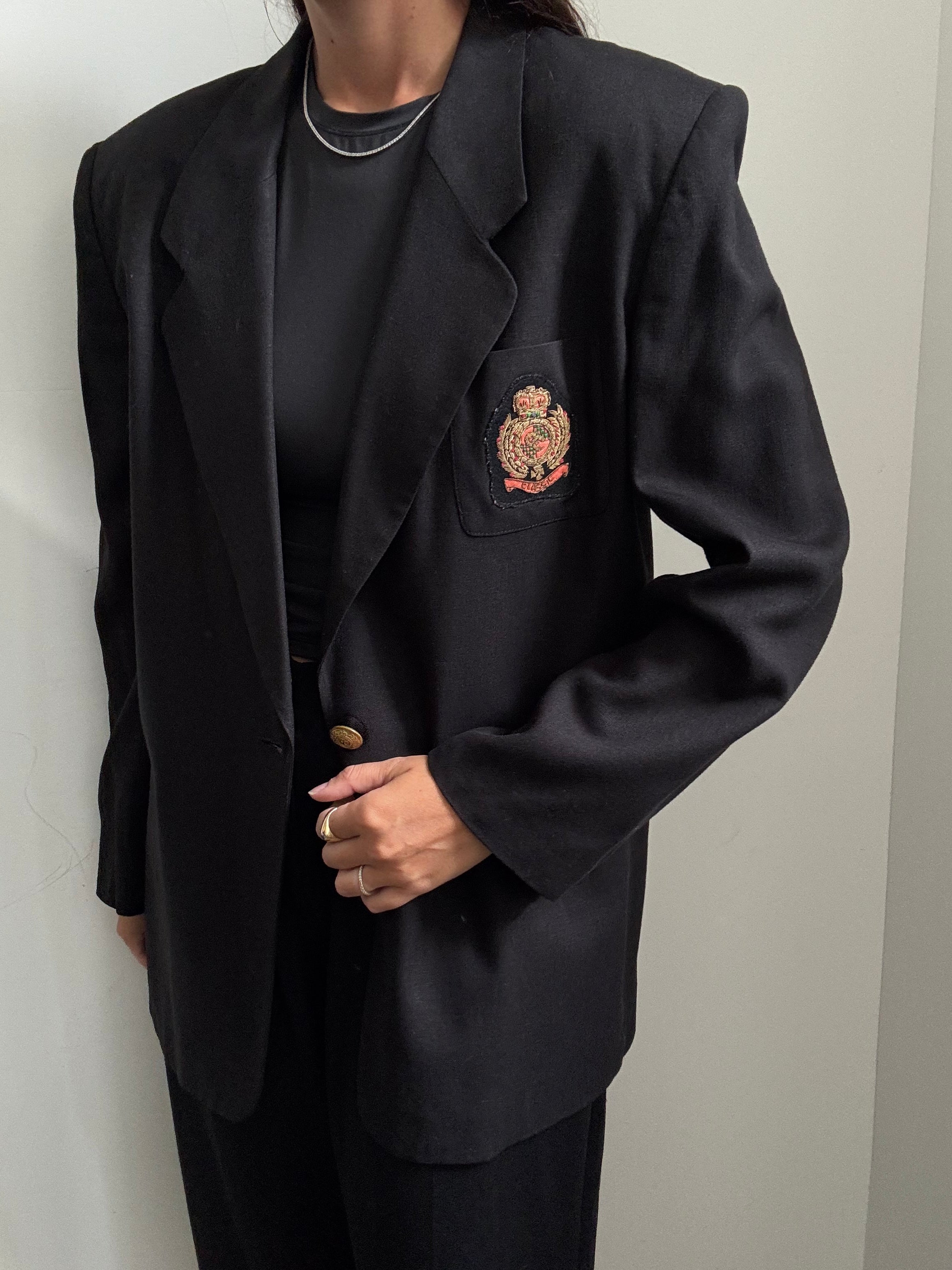 Vintage Black Linen Blend Blazer Embellished Pocket Size Large