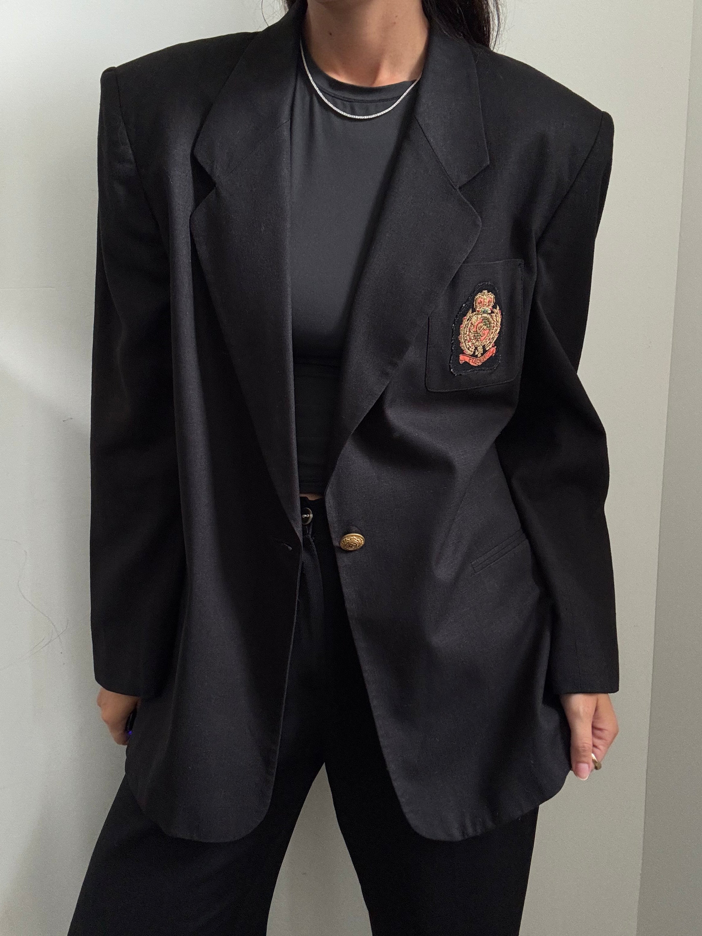 Vintage Black Linen Blend Blazer Embellished Pocket Size Large