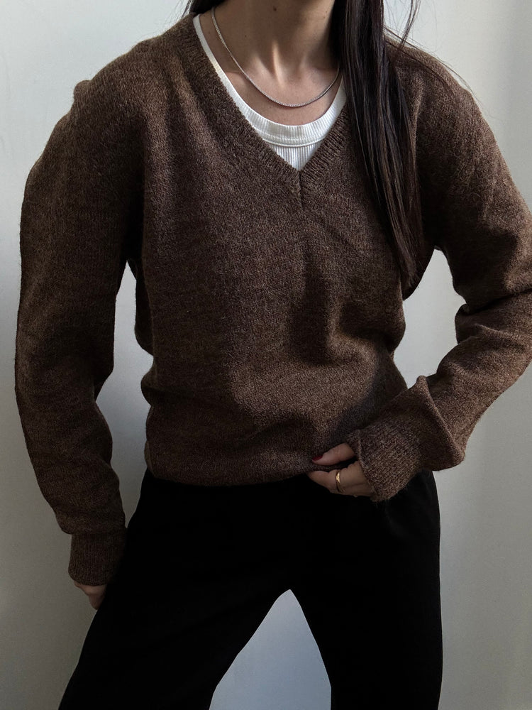 Vintage Italian Brown V-Neck Pullover Sweater Size Medium