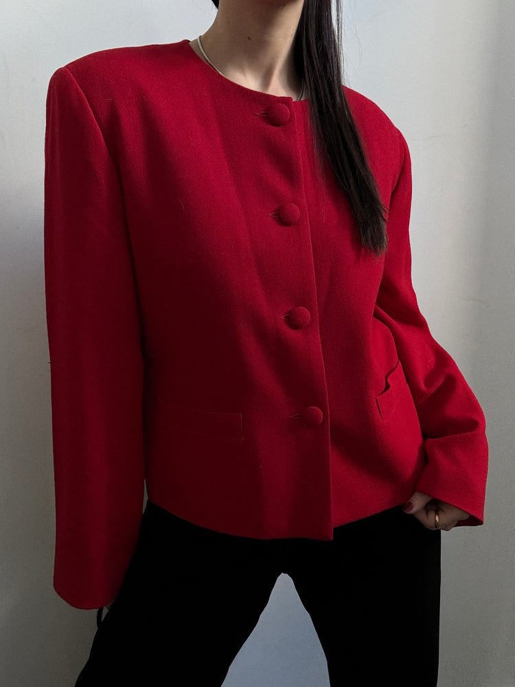 Vintage Red Pure Wool Collarless Buttoned Blazer Size Large