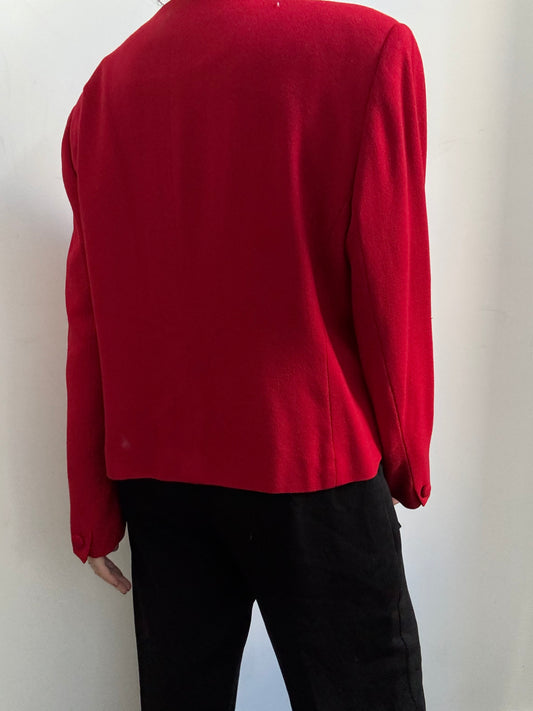 Vintage Red Pure Wool Collarless Buttoned Blazer Size Large