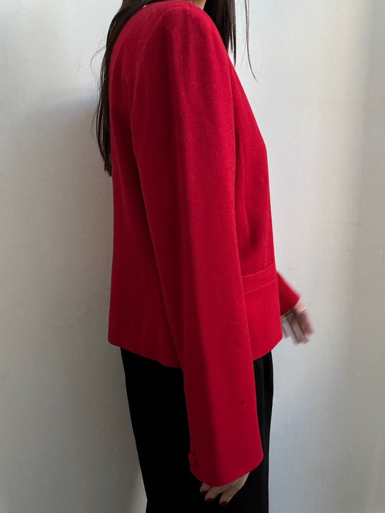 Vintage Red Pure Wool Collarless Buttoned Blazer Size Large