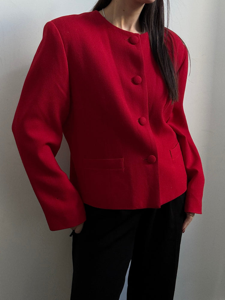 Vintage Red Pure Wool Collarless Buttoned Blazer Size Large