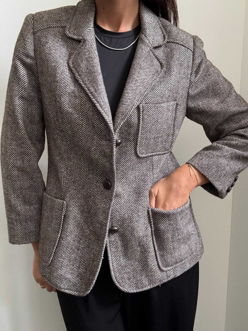 Vintage Brown Herringbone Fitted Blazer Size Medium