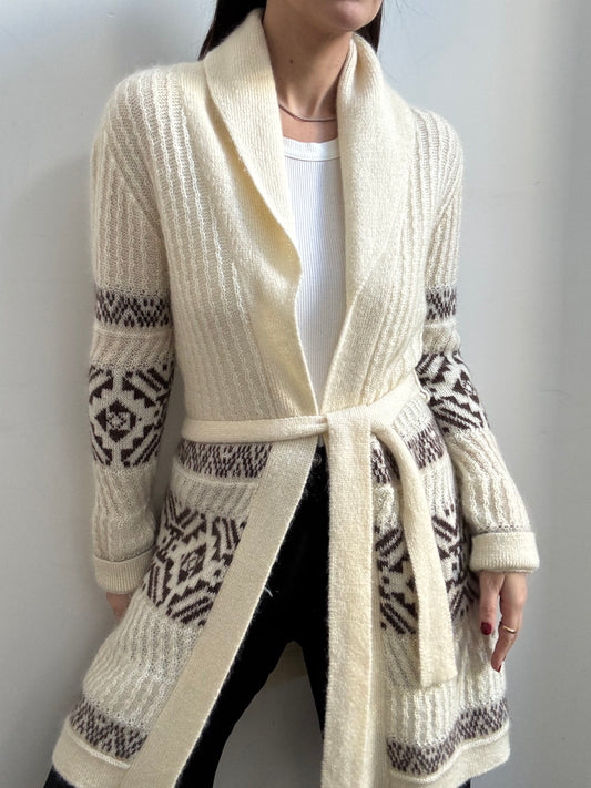 Vintage Ivory + Brown Fair Isle Mohair Belted Knit Size Small