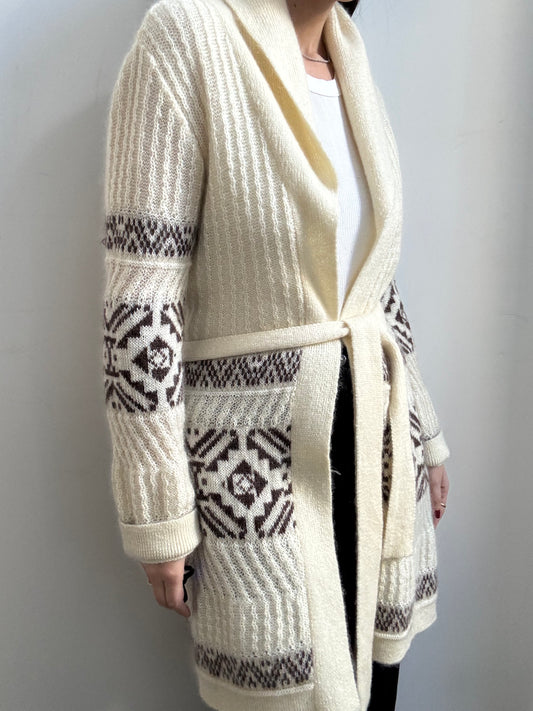Vintage Ivory + Brown Fair Isle Mohair Belted Knit Size Small
