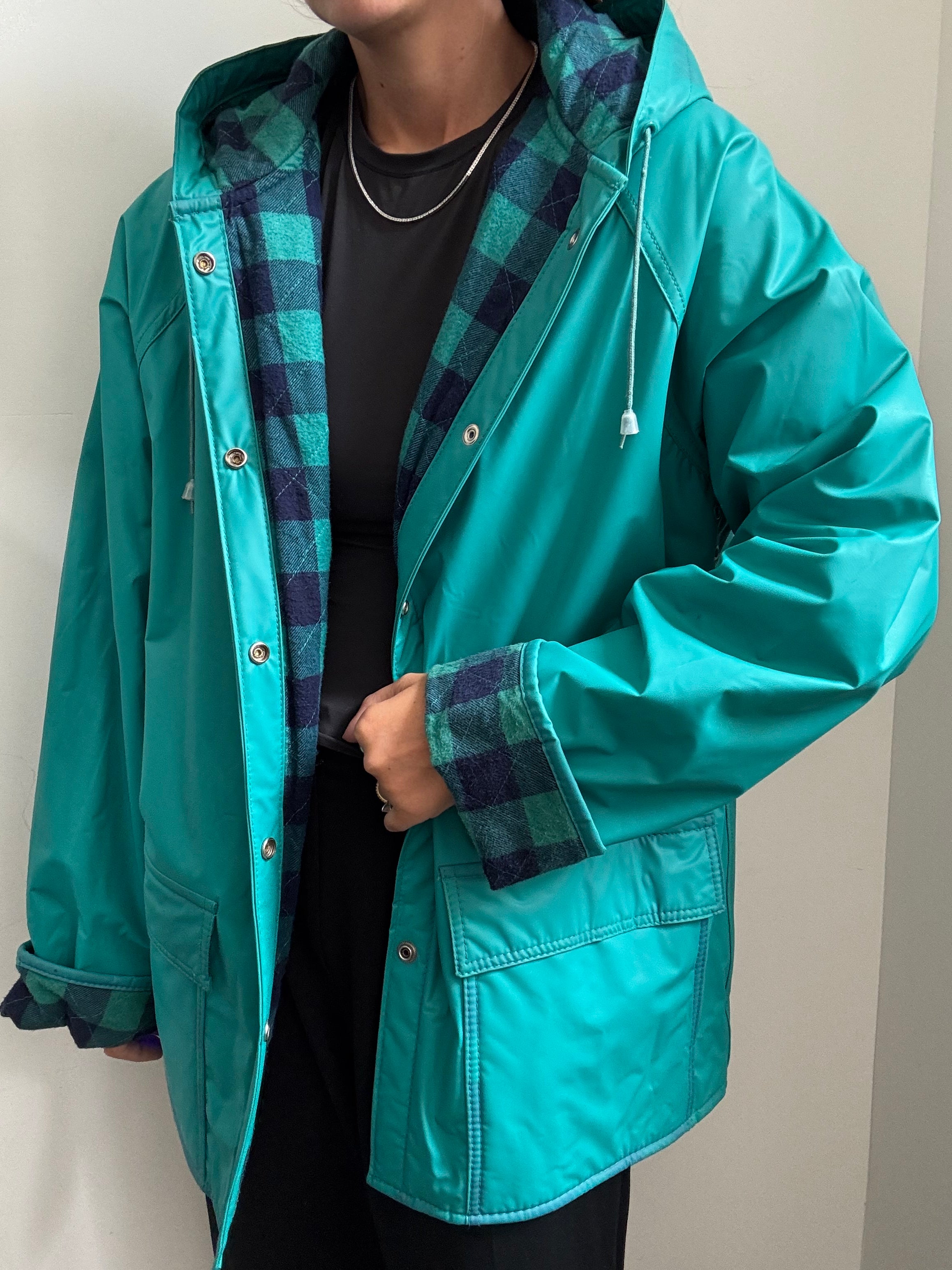 Vintage Woolrich Teal Hooded Rain Coat Size Large