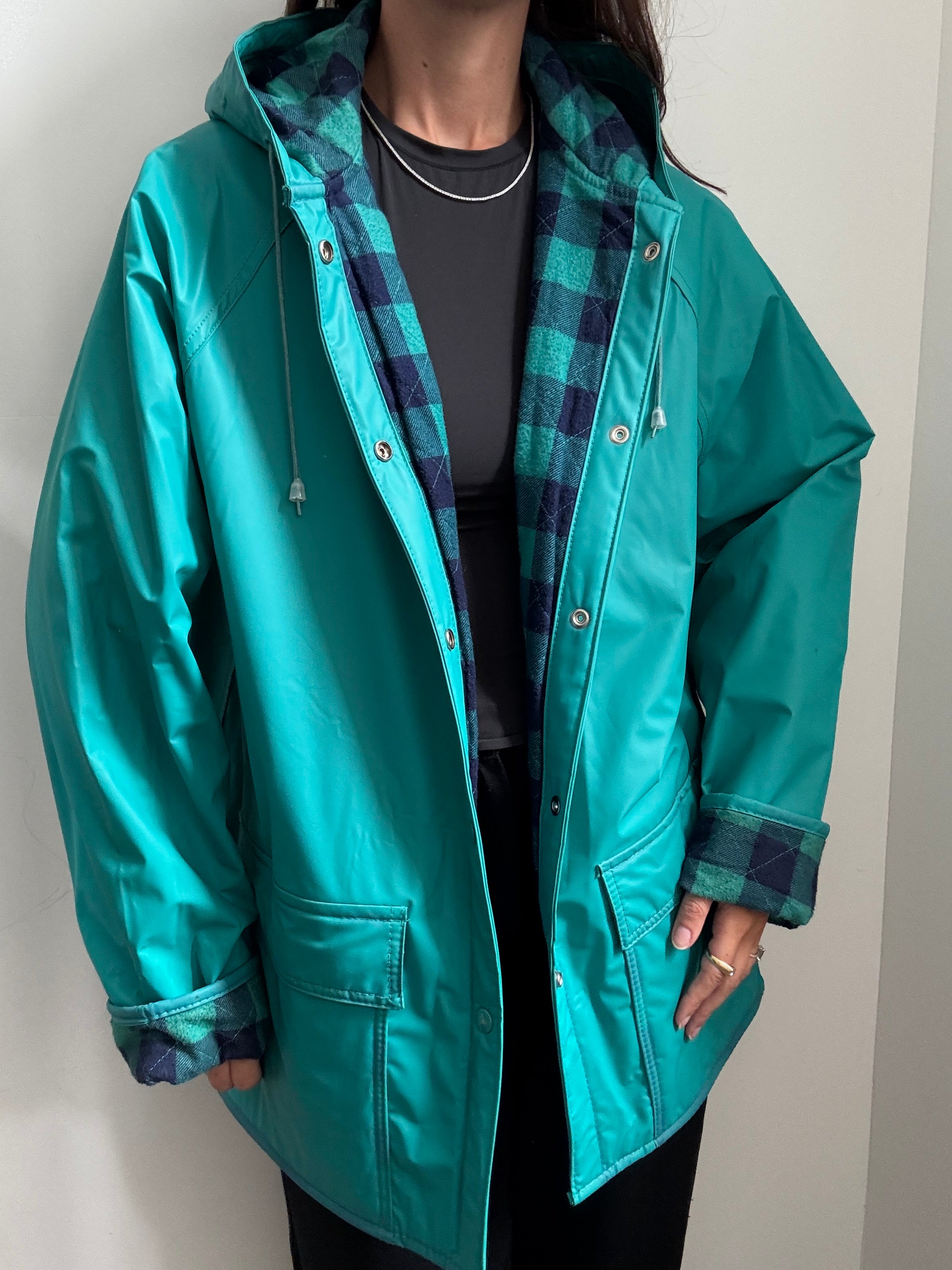 Vintage Woolrich Teal Hooded Rain Coat Size Large
