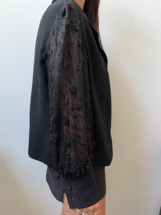 Vintage Black Sheer Beaded Sleeve Blazer Size Medium