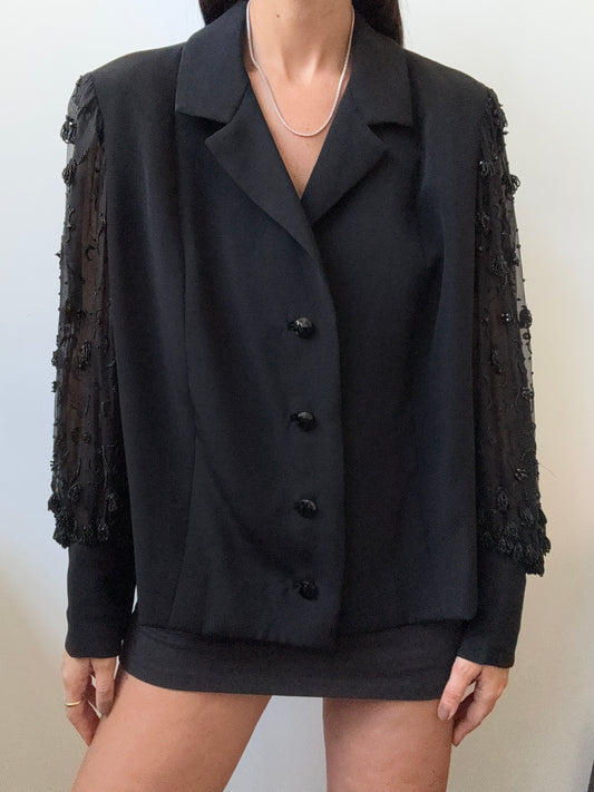 Vintage Black Sheer Beaded Sleeve Blazer Size Medium