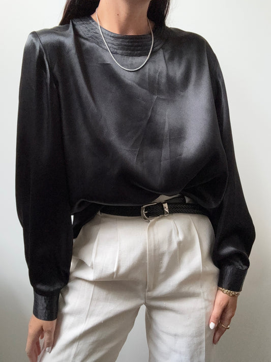 Vintage Black Silk Blouse Size Large