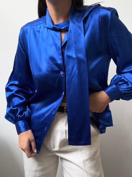 Vintage Royal Blue Silk Button-Up Blouse Size Medium