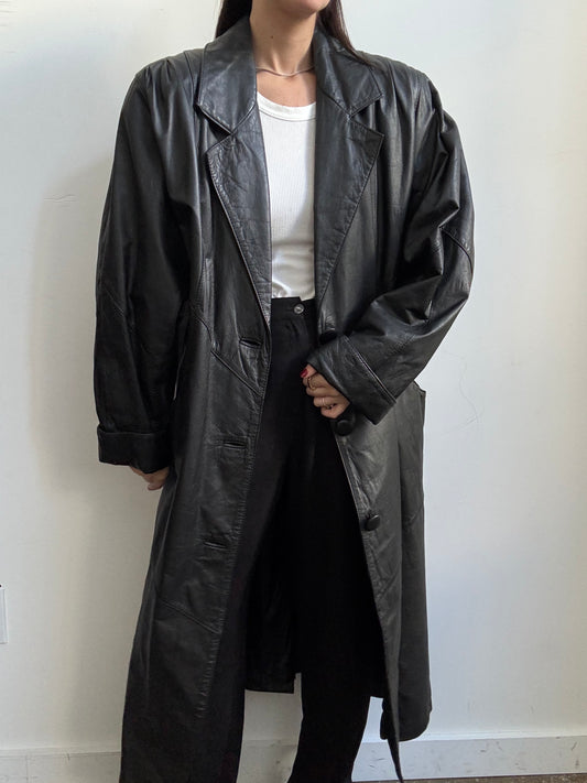 Vintage Black Long Leather Trench Size Large