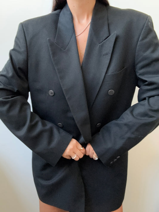 Vintage Solid Black Double-Breasted Blazer Size Large