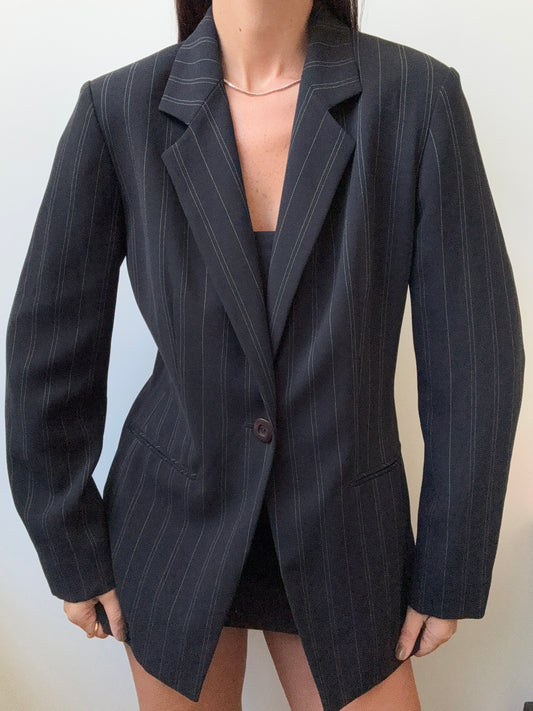 Vintage Black + Cream Striped Fitted Blazer Size Small