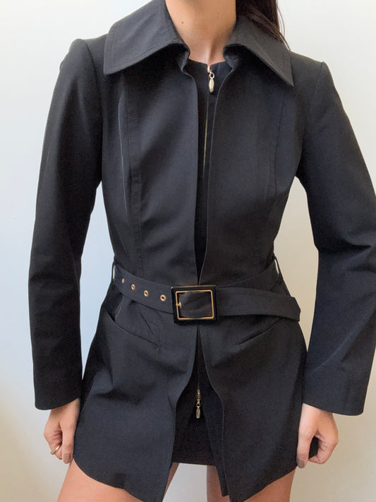 Vintage Cupro Black Belted Zip-Up Jacket Size Small