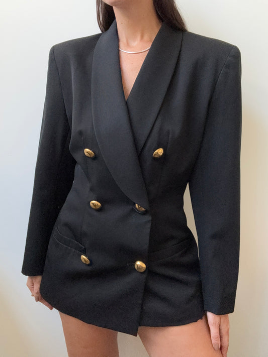 Vintage Black Wool Blazer With Gold Buttons Size Small