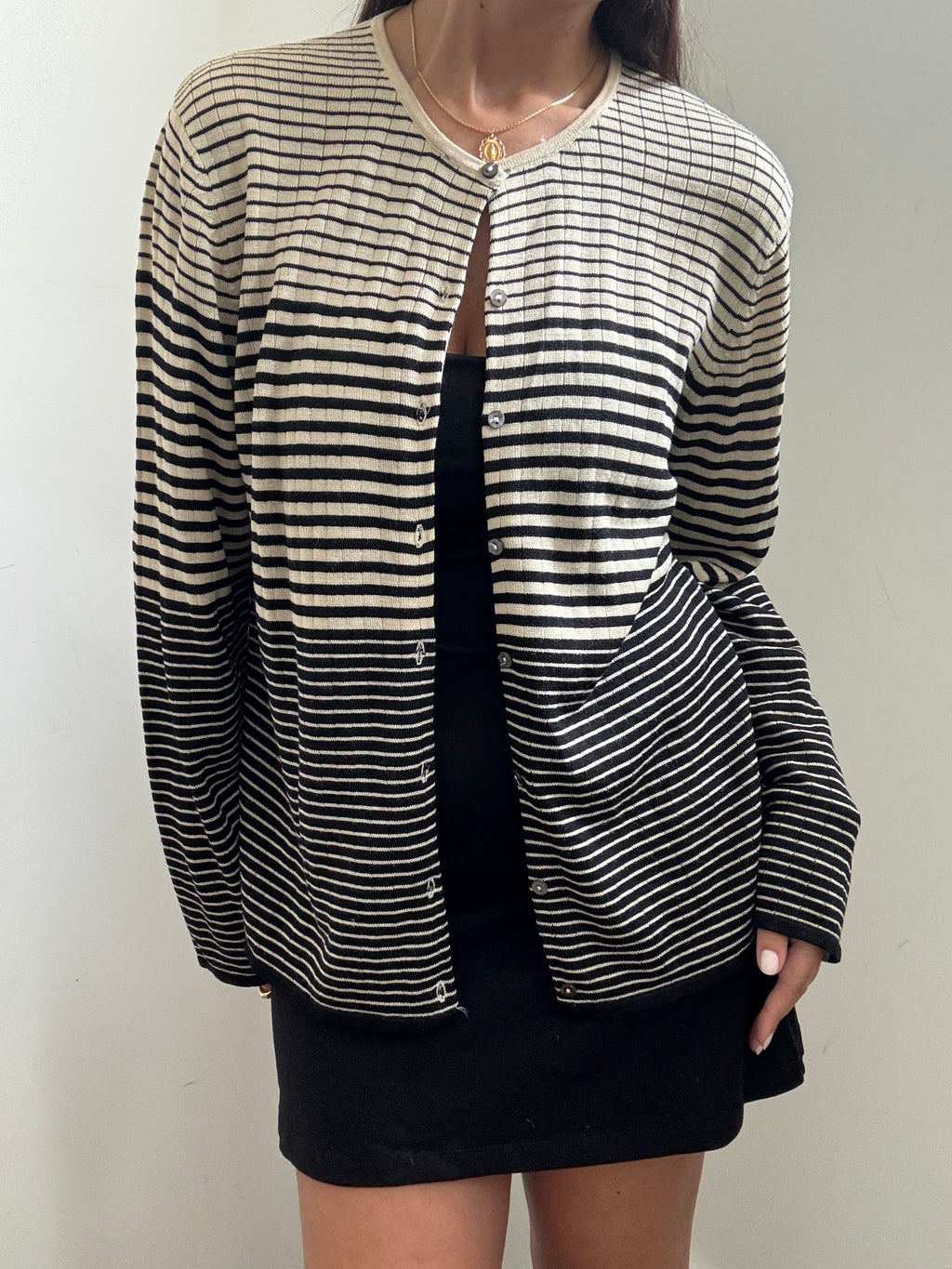Vintage Black + Cream Striped Silk Knit Cardigan Size X-Large
