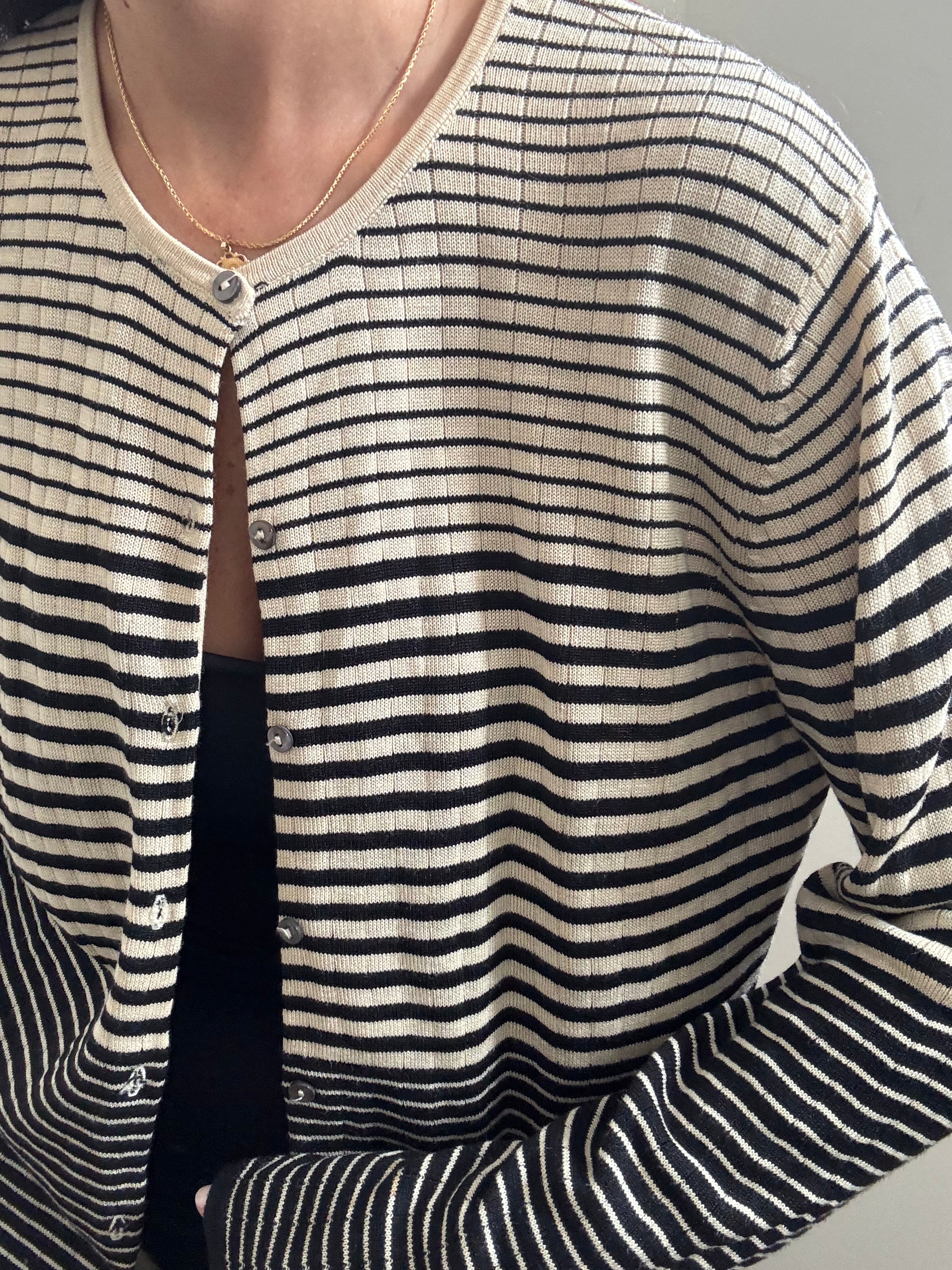 Vintage Black + Cream Striped Silk Knit Cardigan Size X-Large