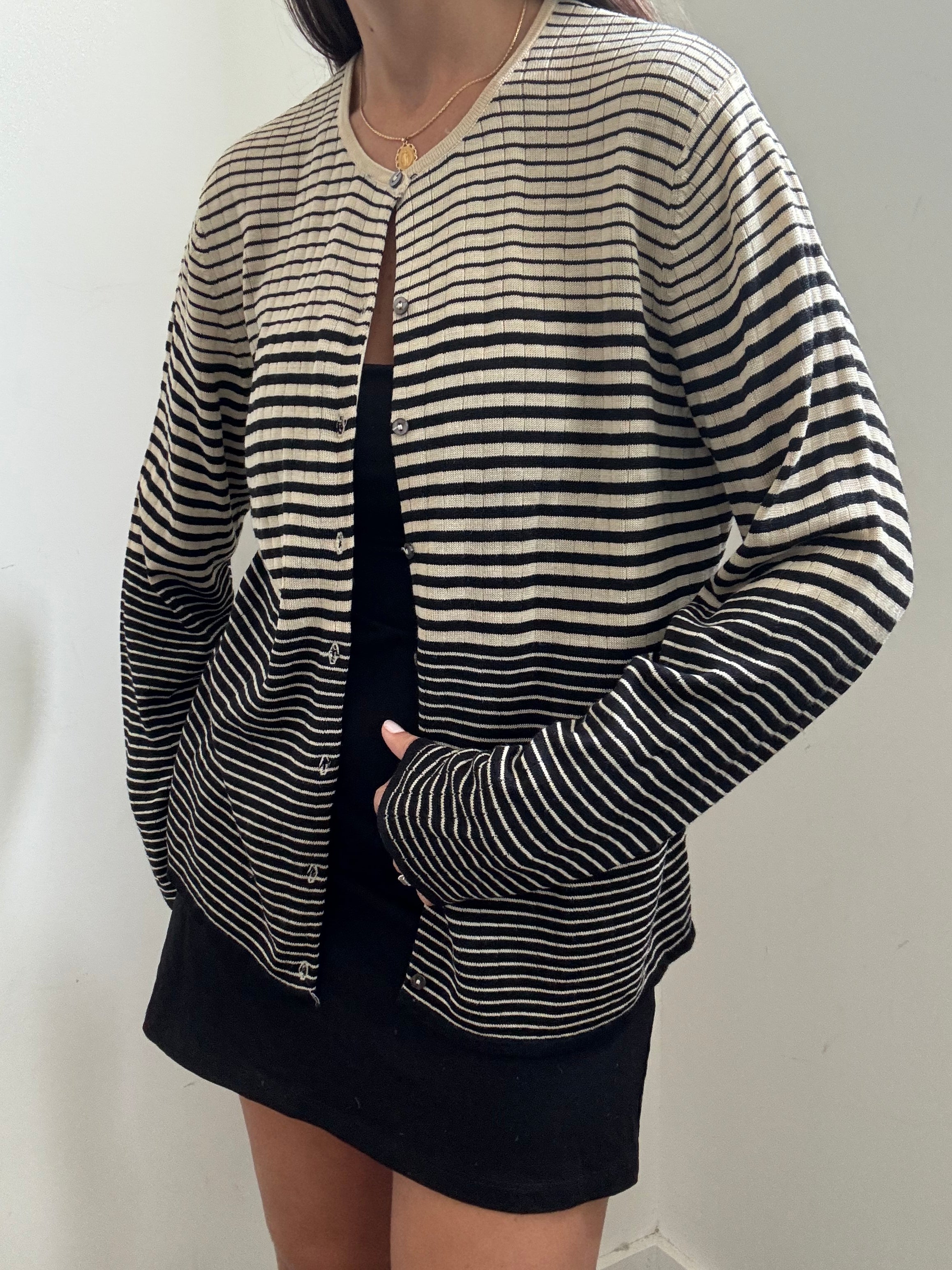 Vintage Black + Cream Striped Silk Knit Cardigan Size X-Large